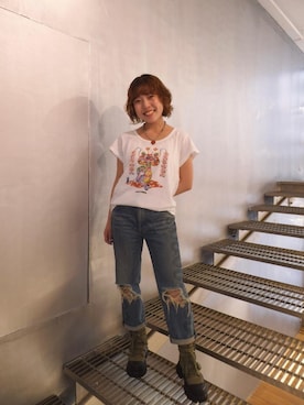 「HYSTERIC GLAMOUR（ヒステリックグラマー）のSNAKE LOOP 8分丈クラッシュデニムパンツ（デニムパンツ）」を使った、nanahoさん（レディース・149cm）の夏コーディネート