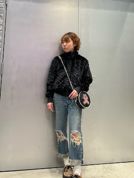 「HYSTERIC GLAMOUR（ヒステリックグラマー）のSNAKE LOOP 8分丈クラッシュデニムパンツ（デニムパンツ）」を使った、nanahoさん（レディース・149cm）の秋コーディネート