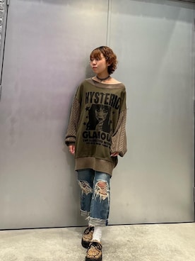 「HYSTERIC GLAMOUR（ヒステリックグラマー）のSNAKE LOOP 8分丈クラッシュデニムパンツ（デニムパンツ）」を使った、nanahoさん（レディース・149cm）の秋コーディネート
