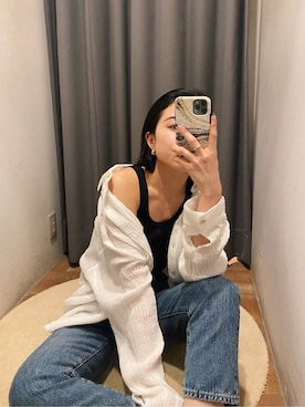 「Ungrid（アングリッド）のハイウエストスリムテーパードデニム（デニムパンツ）」を使った、藤野有美さん（レディース・155cm）の春コーディネート