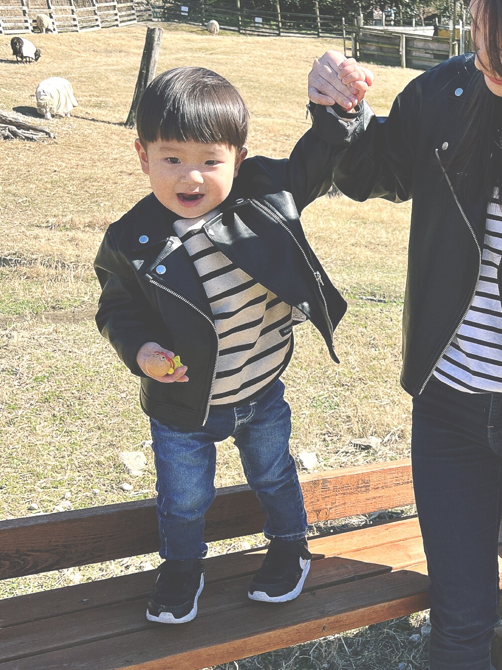 「春コーデ、キッズファッション、男の子、2歳、おとこのこ、ライダース、男の子コーデ、お洒落さんと繋がりたい、ootd」｜「H&Mのアイテム（ライダースジャケット、ブラック系）」を使った、mowさん（キッズ・90cm）の春コーディネートの1枚目の写真