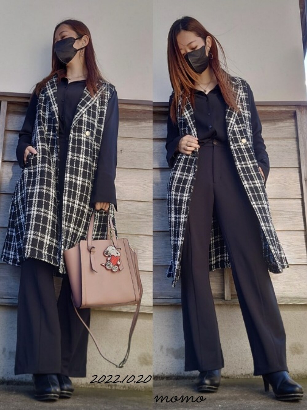 「大人コーデ、キレイめ、秋、パンツコーデ、おしゃれさんと繋がりたい、ショートブーツ、モノトーンコーデ、秋服準備はじめました、プチプラ、ジレ、ロングベスト、ツイード、大人女子、仕事着、裾フレア」｜「GUのアイテム（ピアス（両耳用）、シルバー系）」を使った、もも☺︎スヌーピーさん（レディース・156cm）の秋コーディネートの1枚目の写真