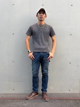 「NEW ERA（ニューエラ）の《AVIREX × NEWERA》 9TWENTY POLO CAP U.S.A FLAG / ナイントゥエンティー ポロキャップ アメリカ国旗 / アヴィレックス / ニューエラ（キャップ、ベージュ系）」を使った、マルケス・タクヤさん（メンズ・175cm）の夏コーディネート