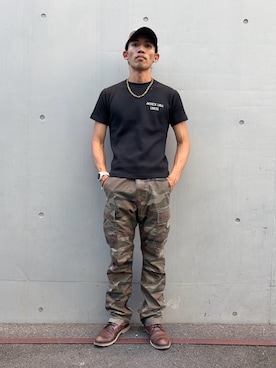 「AVIREX（アヴィレックス）のMILITARY WAPPEN TWILL MESH CAP / ミリタリーワッペン ツイル メッシュキャップ / AVIREX / アヴィレックス（キャップ、グリーン系）」を使った、マルケス・タクヤさん（メンズ・175cm）の夏コーディネート