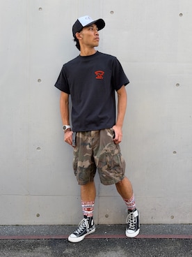「AVIREX（アヴィレックス）のVARSITY OVAL LOGO MESH CAP / バーシティ オーバル ロゴ メッシュキャップ / AVIREX / アヴィレックス（キャップ、ホワイト系）」を使った、マルケス・タクヤさん（メンズ・175cm）の夏コーディネート
