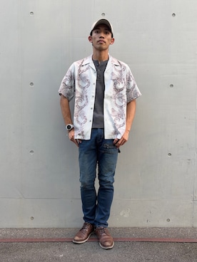 「NEW ERA（ニューエラ）の《AVIREX × NEWERA》 9TWENTY POLO CAP U.S.A FLAG / ナイントゥエンティー ポロキャップ アメリカ国旗 / アヴィレックス / ニューエラ（キャップ、ベージュ系）」を使った、マルケス・タクヤさん（メンズ・175cm）の夏コーディネート
