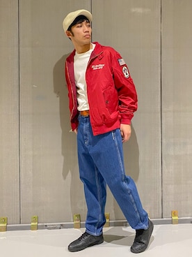 「アイテム（ハンチング/ベレー帽、ホワイト系）」を使った、マルケス・タクヤさん（メンズ・174cm）の冬コーディネート