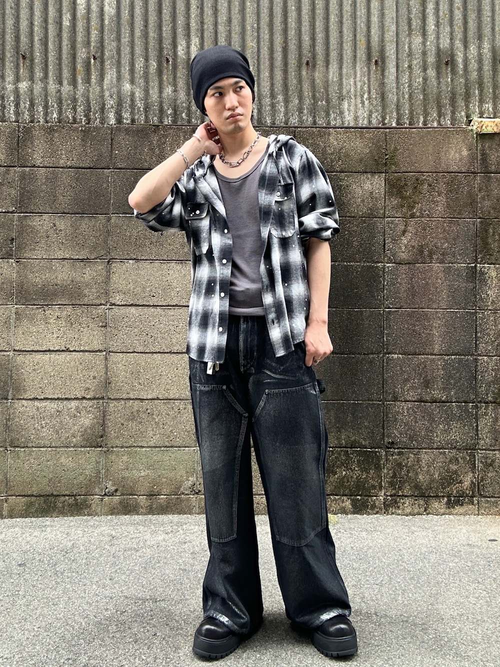 着数限定即完商品　箔プリント ダブルニーデニムパンツ　サイズM CLEL】Foil Print Double Knee Denim Pants / 箔プリント ダブルニー