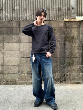 「Parts Lab.（パーツラボ）の【Parts Lab.】Basic Cotton Long Sleeved Tee / ベーシックコットンロングスリーブTシャツ（Tシャツ/カットソー、ブラック系）」を使った、ユート/Yutoさん（メンズ・172cm）の春コーディネート