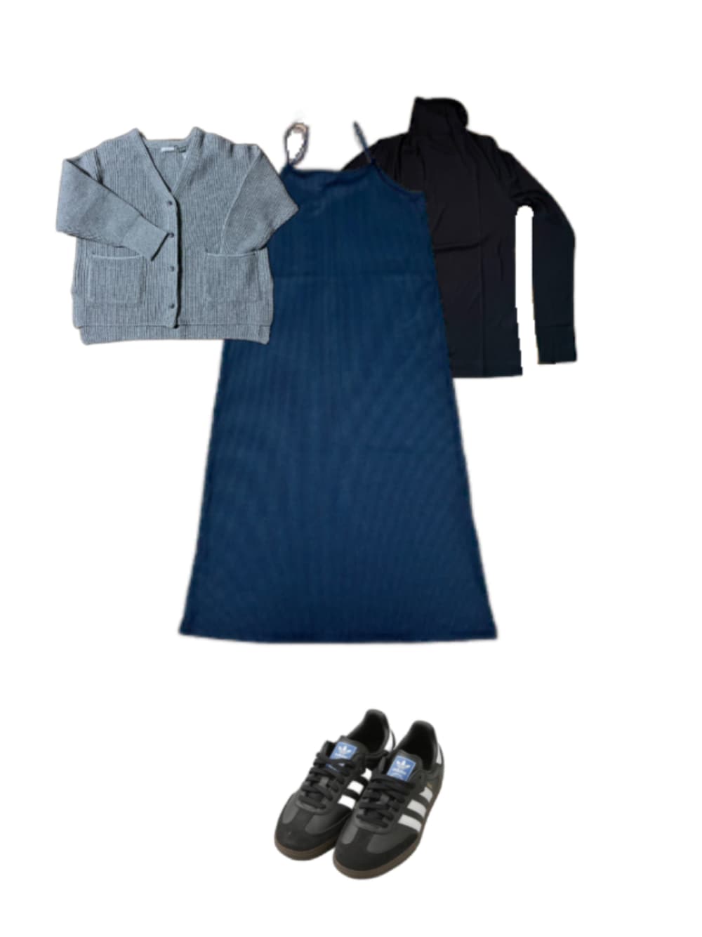 ブラック系のスニーカー、グレー系のカーディガン/ボレロ、ブラック系のワンピース/ドレスを着用したレディースの秋コーディネートの1枚目の写真