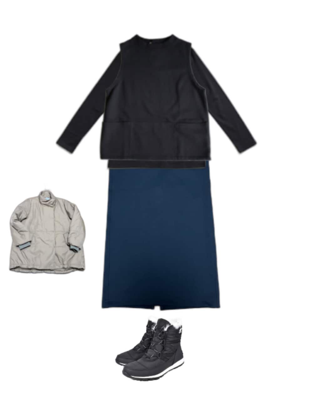 「オトナカワイイ、低身長コーデ、プチプラ、今日のコーデ、置き画、休日スタイル、アラフィフ、UNIQLO、シンプルコーデ」｜「UNIQLOのUNIQLOデニムスカート（デニムスカート、ブルー系）」を使った、uuy akirさん（レディース・149cm）の冬コーディネートの1枚目の写真