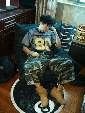 「Timberland（ティンバーランド）のアイテム（シューズ、ブラウン系）」を使った、eminemsybさん（メンズ・172cm）の夏コーディネート