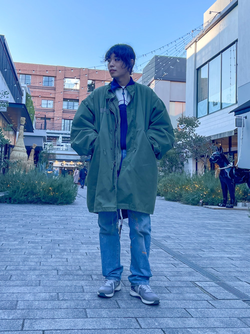 「私の推しブランド、ミリタリー、PALLADIUM、ジャージ、M65、モッズコート、デニム、vintage、防水、ビッグシルエット」｜「VINTAGEのアイテム（モッズコート、グリーン系）」を使った、げんきさん（メンズ・173cm）の冬コーディネートの1枚目の写真