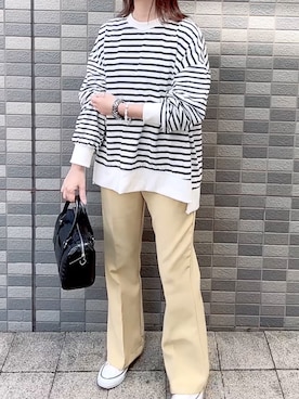 「reca（レカ）のサイドスリットボーダートップス（Tシャツ/カットソー）」を使った、maiさん（レディース・153cm）の春コーディネート