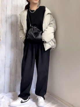 「スウェットギャザーパンツ」｜「アイテム（ジャケット/アウター）」を使った、めるもさん（レディース・158cm）の冬コーディネート