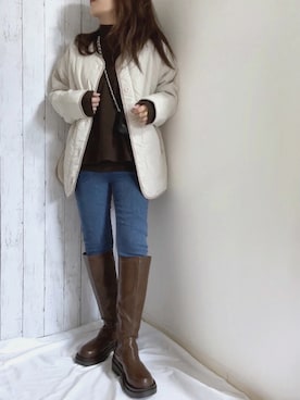 「tiptop（ティップトップ）のアイテム（ノーカラージャケット）」を使った、めるもさん（レディース・158cm）の秋コーディネート