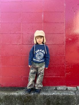 「アイテム（カーゴパンツ）」を使った、zeeeeenさん（キッズ・90cm）の冬コーディネート