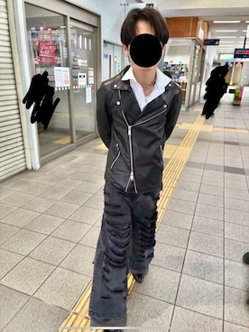 「アイテム（ライダースジャケット）」を使った、ナーラさん（メンズ・163cm）の春コーディネート