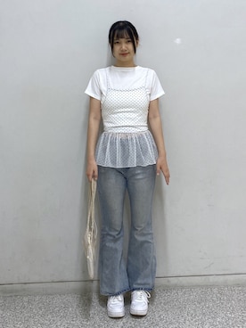 「FREE'S MART（フリーズマート）の◆２WAYシアードットホルターキャミソール×半袖カットソーセット（Tシャツ/カットソー、ホワイト系）」を使った、saijiangさん（レディース・169cm）の夏コーディネート