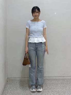 「FREE'S MART（フリーズマート）の◆布帛ドッキングサイドシャーリング半袖カットソー（Tシャツ/カットソー、ブルー系）」を使った、saijiangさん（レディース・169cm）の夏コーディネート