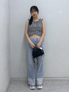 「FREE'S MART（フリーズマート）の◆ベーシックワイド裾レースデニム（デニムパンツ、ブルー系）」を使った、saijiangさん（レディース・169cm）の夏コーディネート