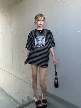 「tinkerend（ティンカーエンド）のVintage Border Cross Big T-shirt / ヴィンテージボーダークロスビッグTシャツ（Tシャツ/カットソー、ブラック系）」を使った、onxxqmさん（レディース・156cm）の秋コーディネート