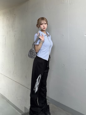 「mindseeker girls（マインドシーカーガールズ）のAngel Wing Zip Polo Top / エンジェルウィングジップポロトップス（ポロシャツ、グレー系）」を使った、onxxqmさん（レディース・156cm）の夏コーディネート