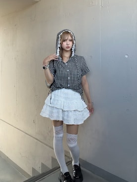 「tinkerend（ティンカーエンド）のSide Gathered Check Lace Shirt Hoodie / サイドギャザーチェックレースシャツパーカー（シャツ/ブラウス、ブラック系）」を使った、onxxqmさん（レディース・156cm）の秋コーディネート