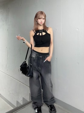 「tinkerend（ティンカーエンド）の【カップ付き】Cutout Lace-up Tank Top / カットアウトレースアップタンクトップ（タンクトップ、ブラック系）」を使った、onxxqmさん（レディース・156cm）の夏コーディネート