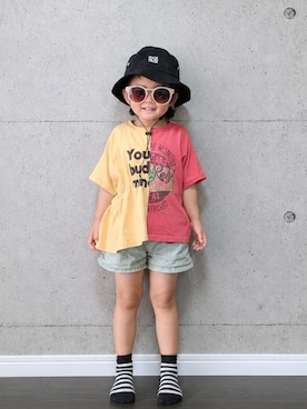「MARKEY'S（マーキーズ）の半袖リメイクＴシャツ（Tシャツ/カットソー、イエロー系）」を使った、colorfuldays428さん（キッズ・100cm）の夏コーディネート