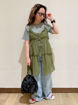 「Right-on（ライトオン）のHONEYSUCKLE ROSE(ハニーサックルローズ)マルチボーダータイトＴシャツ（Tシャツ/カットソー、ブラック系）」を使った、misaさん（レディース・152cm）の夏コーディネート