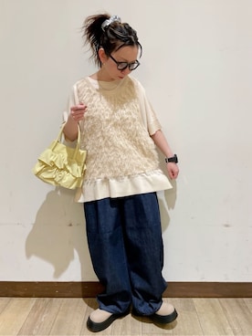 「Right-on（ライトオン）のRight-on Basic(ライトオンベーシック)【レディース】ＰＵシュシュ（その他、シルバー系）」を使った、misaさん（レディース・152cm）の春コーディネート