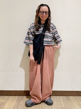 「Right-on（ライトオン）のマルチボーダーヘンリーネックTシャツ（Tシャツ/カットソー、グレー系）」を使った、misaさん（レディース・152cm）の夏コーディネート