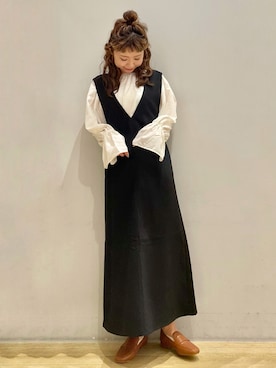 「earth music&ecology（アースミュージックアンドエコロジー）のアイテム（ジャンパースカート）」を使った、tomopuuさん（レディース・152cm）の冬コーディネート