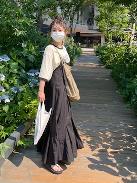 「koe（コエ）の【ジェンダーレス】反転プリント半袖リンガーTシャツ*（Tシャツ/カットソー）」を使った、tomopuuさん（レディース・154cm）の夏コーディネート