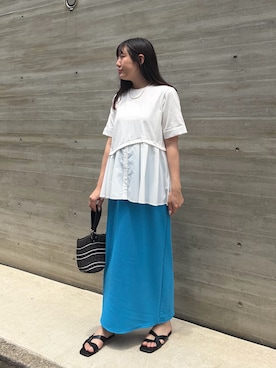 「LAVEANGE（ラビアンジェ）のシャツレイヤード風ドッキングプルオーバー（Tシャツ/カットソー、ホワイト系）」を使った、yuiさん（レディース・160cm）の夏コーディネート