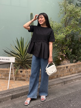 「LAVEANGE（ラビアンジェ）のシャツレイヤード風ドッキングプルオーバー（Tシャツ/カットソー、ブラック系）」を使った、yuiさん（レディース・160cm）の夏コーディネート
