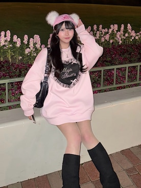 「Magia Charm（マギアチャーム）のハートフリルスウェット / 裏起毛 オーバーサイズ ドットレース リボン（スウェット、ピンク系）」を使った、Riさん（レディース・150cm）の春コーディネート