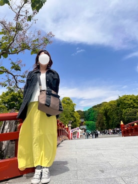 「アイテム（スカート、イエロー系）」を使った、きーたさん（レディース・161cm）の秋コーディネート