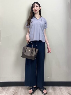 「index（インデックス）の【接触冷感／吸水速乾】タックスキッパーブラウス《防シワ／イージーアイロン／洗濯機OK／9col》（シャツ/ブラウス、ブルー系）」を使った、838さん（レディース・168cm）の夏コーディネート