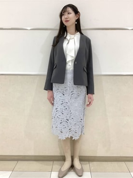 「index（インデックス）のストレッチノーカラージャケット/セットアップ対応【洗濯機OK/防シワ/イージーアイロン】（ノーカラージャケット、グレー系）」を使った、838さん（レディース・168cm）の冬コーディネート