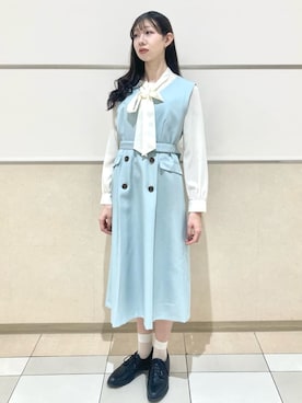 「index（インデックス）のアシンメトリーレイヤードボウタイブラウス【洗濯機OK/イージーアイロン/防シワ】《XS～3L》（シャツ/ブラウス、ホワイト系）」を使った、838さん（レディース・168cm）の秋コーディネート