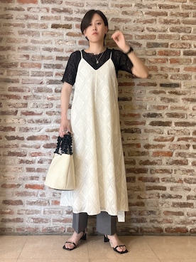 「THE SHOP TK （ザ ショップ ティーケー ）の繊細で上品な レース5分袖トップス（Tシャツ/カットソー、ブラック系）」を使った、しばさん（レディース・168cm）の夏コーディネート