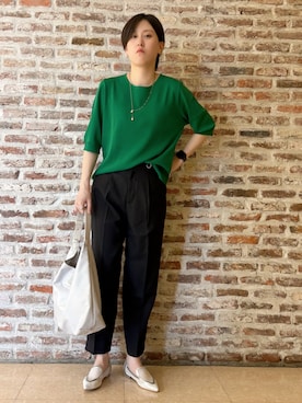「THE SHOP TK （ザ ショップ ティーケー ）の【S-XL/ひんやりタッチ】美しさ際立つ 6分袖ニット 洗濯機OK/UVケア/毛玉になりにくい（ニット/セーター、グリーン系）」を使った、しばさん（レディース・168cm）の春コーディネート