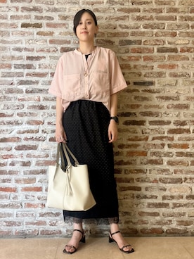 「THE SHOP TK （ザ ショップ ティーケー ）の【M-XL/さりげなく二の腕カバー】5分袖Wポケットシャツ（シャツ/ブラウス、ピンク系）」を使った、しばさん（レディース・168cm）の夏コーディネート
