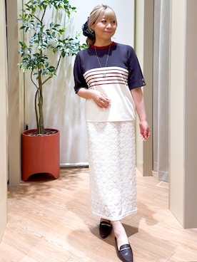 「grove（グローブ）の新色追加！【シリーズ累計36万枚/名品ニット】やわらかドライタッチ 袖メッシュ編みニット（ニット/セーター、グレー系）」を使った、Harukaさん（レディース・164cm）の夏コーディネート