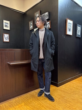 「TAKEO KIKUCHI（タケオキクチ）の【ウールカシミヤブレンド】ビーバー調 スタンドカラー コート（その他アウター、ブラック系）」を使った、KEIさん（メンズ・167cm）の秋コーディネート