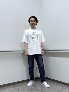 「TAKEO KIKUCHI（タケオキクチ）の【BOWLER HAT LABEL】アイスクリアコットン ワンストローク 半袖Tシャツ（Tシャツ/カットソー、ホワイト系）」を使った、KEIさん（メンズ・167cm）の夏コーディネート