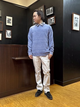 「TAKEO KIKUCHI（タケオキクチ）の【洗える】カラースプリングニット（ニット/セーター、ブルー系）」を使った、KEIさん（メンズ・167cm）の冬コーディネート