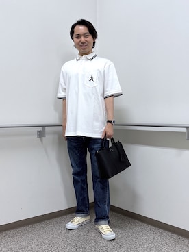 「TAKEO KIKUCHI（タケオキクチ）の【BOWLER HAT LABEL】アイスクリアコットン ボーラーハットウォーカー ポロシャツ（ポロシャツ、ホワイト系）」を使った、KEIさん（メンズ・167cm）の夏コーディネート